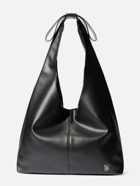 Victoria's Secret Black Faux Leather Hobo Tote with Gold Logo